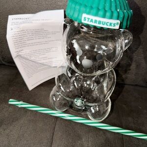 Starbucks Clear Glass Bear Tumbler with Green Lid